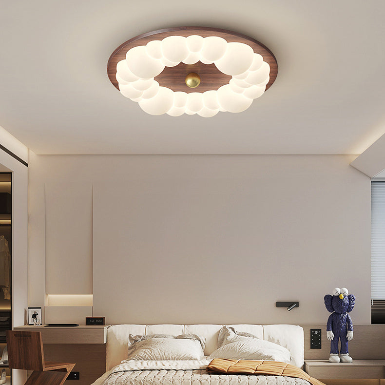 Contemporary Retro Iron PE Ash Wood Round Bubble LED Flush Mount Ceiling Light For Bedroom