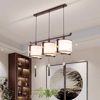 Traditional Chinese Solid Wood Fabric Cylinder Brushed Printing 1/2/3 Light Chandeliers For Dining Room