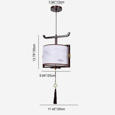 Traditional Chinese Solid Wood Fabric Cylinder Brushed Printing 1/2/3 Light Chandeliers For Dining Room