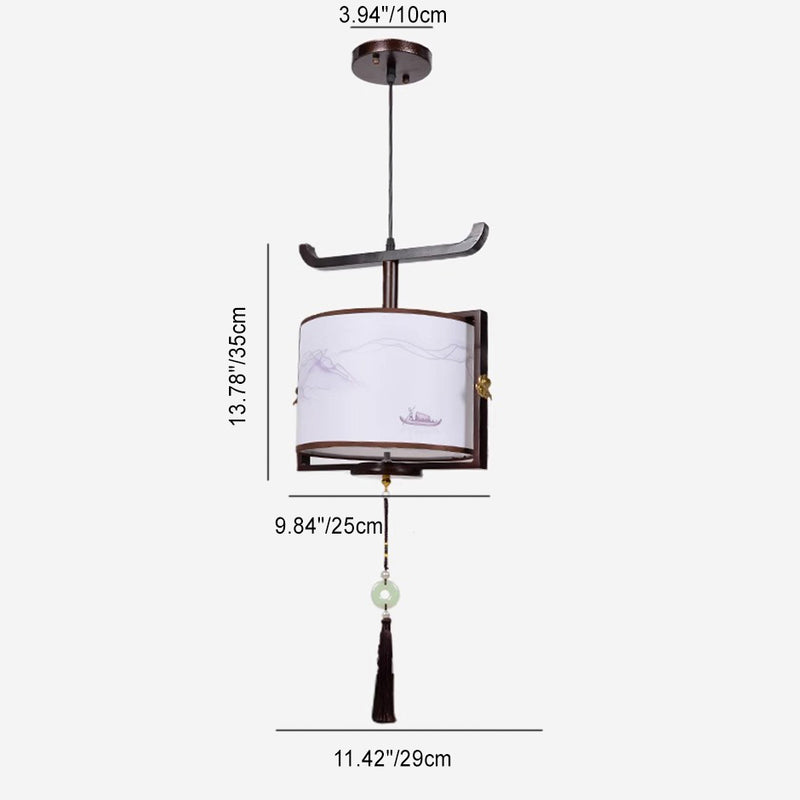 Traditional Chinese Solid Wood Fabric Cylinder Brushed Printing 1/2/3 Light Chandeliers For Dining Room