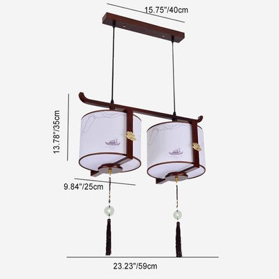 Traditional Chinese Solid Wood Fabric Cylinder Brushed Printing 1/2/3 Light Chandeliers For Dining Room