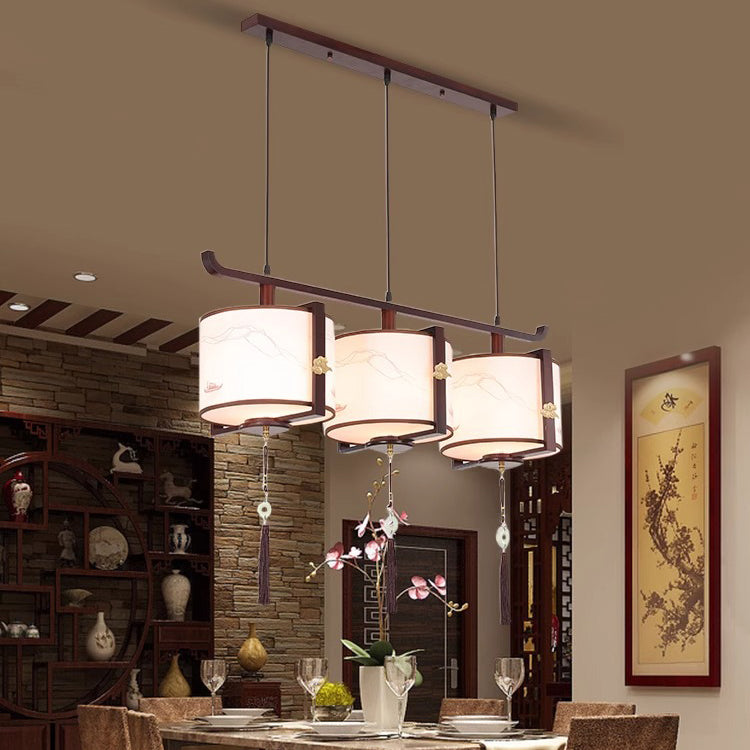 Traditional Chinese Solid Wood Fabric Cylinder Brushed Printing 1/2/3 Light Chandeliers For Dining Room