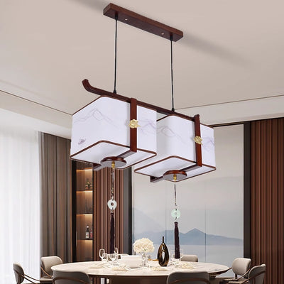 Traditional Chinese Solid Wood Fabric Square Brushed Printing 1/2/3 Light Chandeliers For Dining Room