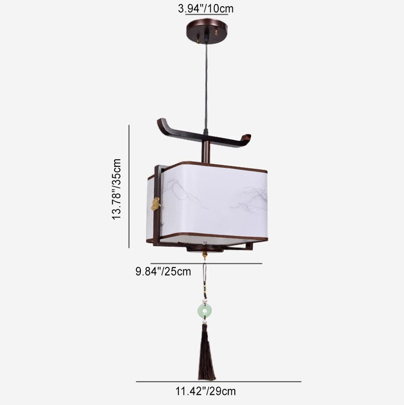 Traditional Chinese Solid Wood Fabric Square Brushed Printing 1/2/3 Light Chandeliers For Dining Room
