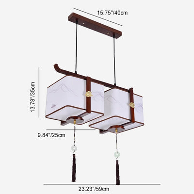 Traditional Chinese Solid Wood Fabric Square Brushed Printing 1/2/3 Light Chandeliers For Dining Room