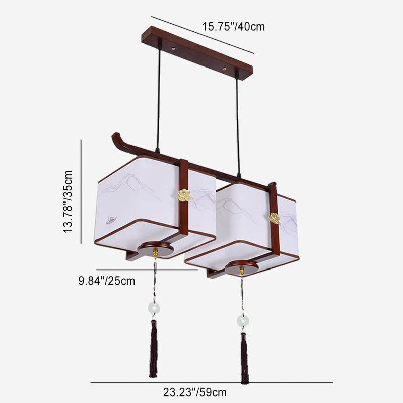 Traditional Chinese Solid Wood Fabric Square Brushed Printing 1/2/3 Light Chandeliers For Dining Room