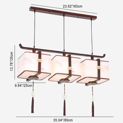 Traditional Chinese Solid Wood Fabric Square Brushed Printing 1/2/3 Light Chandeliers For Dining Room