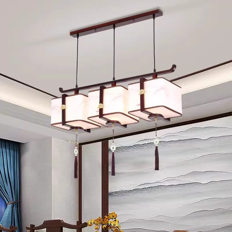 Traditional Chinese Solid Wood Fabric Square Brushed Printing 1/2/3 Light Chandeliers For Dining Room