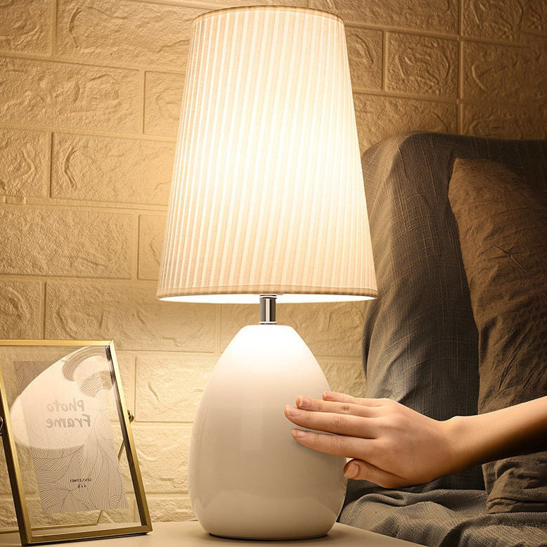 Contemporary Nordic Iron Fabric Cylinder Striped Touch Sensor Dimmable 1-Light Table Lamp For Bedside