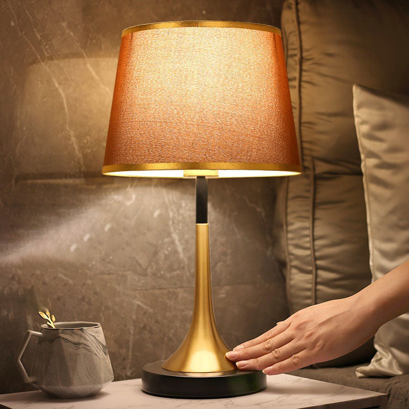 Contemporary Retro Fabric Metal Cylinder Touch Sensor Dimmable 1-Light Table Lamp For Bedside