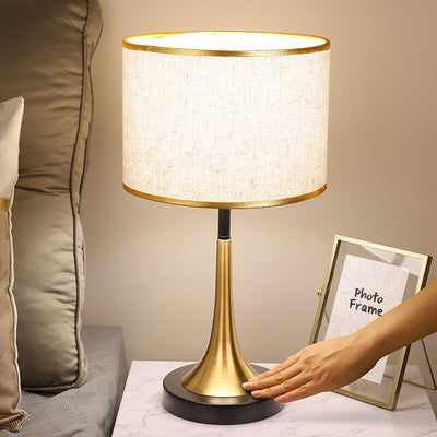 Contemporary Retro Fabric Metal Cylinder Touch Sensor Dimmable 1-Light Table Lamp For Bedside