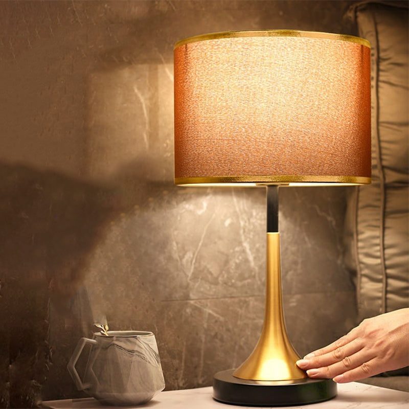 Contemporary Retro Fabric Metal Cylinder Touch Sensor Dimmable 1-Light Table Lamp For Bedside