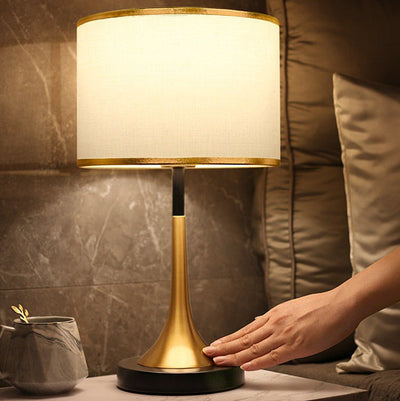 Contemporary Retro Fabric Metal Cylinder Touch Sensor Dimmable 1-Light Table Lamp For Bedside