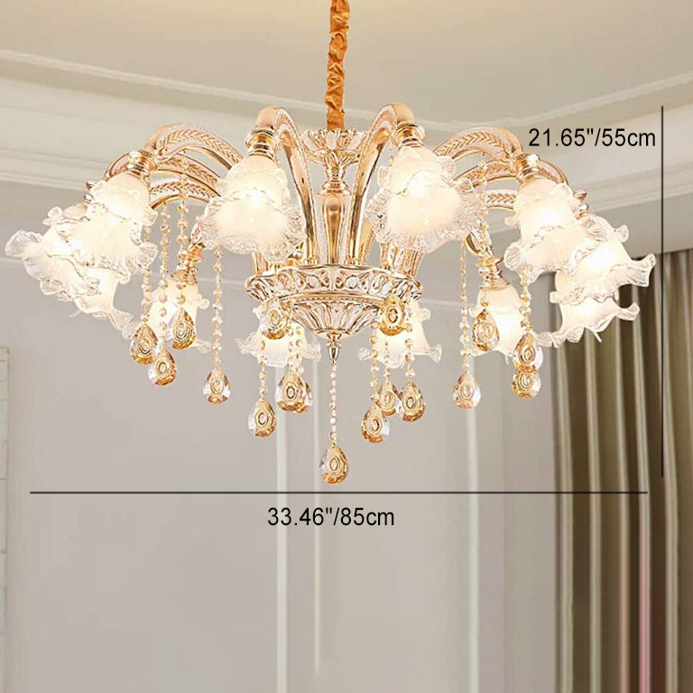 Traditional European Zinc Alloy Crystal Glass Floral Carved 3/6/8/10/12/15 Light Chandeliers For Living Room