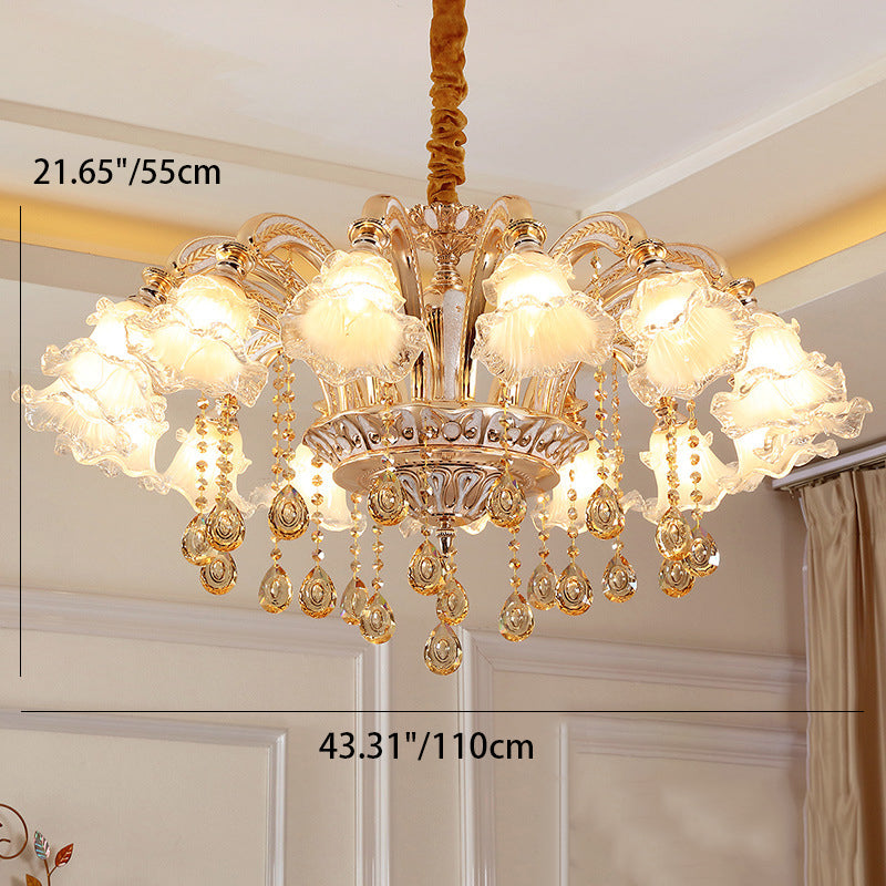 Traditional European Zinc Alloy Crystal Glass Floral Carved 3/6/8/10/12/15 Light Chandeliers For Living Room