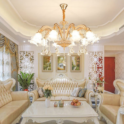 Traditional European Zinc Alloy Crystal Glass Floral Carved 3/6/8/10/12/15 Light Chandeliers For Living Room