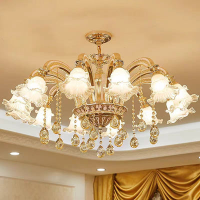 Traditional European Zinc Alloy Crystal Glass Floral Carved 3/6/8/10/12/15 Light Chandeliers For Living Room