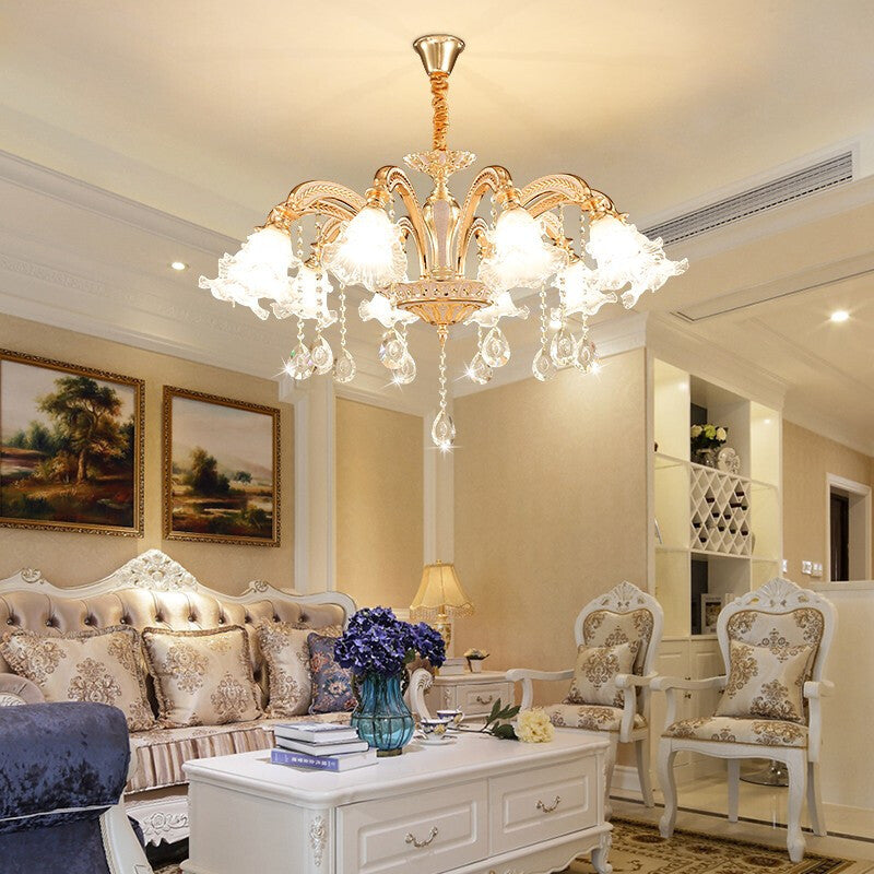 Traditional European Zinc Alloy Crystal Glass Floral Carved 3/6/8/10/12/15 Light Chandeliers For Living Room