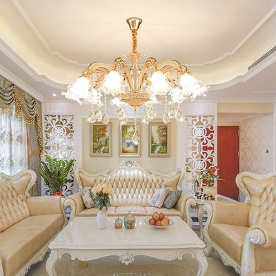 Traditional European Zinc Alloy Crystal Glass Floral Carved 3/6/8/10/12/15 Light Chandeliers For Living Room