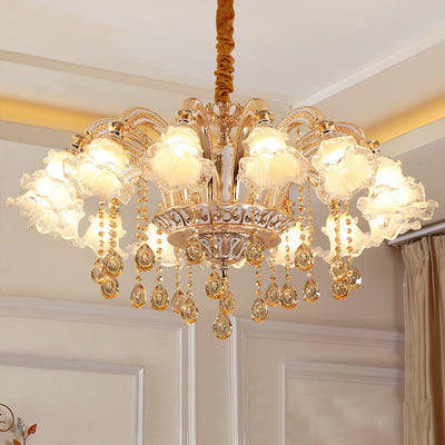 Traditional European Zinc Alloy Crystal Glass Floral Carved 3/6/8/10/12/15 Light Chandeliers For Living Room