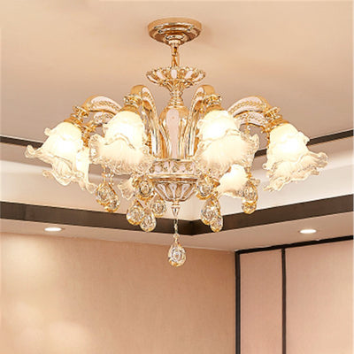 Traditional European Zinc Alloy Crystal Glass Floral Carved 3/6/8/10/12/15 Light Chandeliers For Living Room