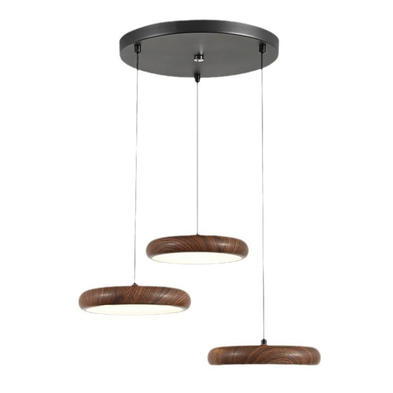 Contemporary Retro Iron PVC Round Wood Grain LED Pendant Light For Dining Room