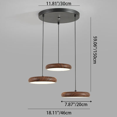 Contemporary Retro Iron PVC Round Wood Grain LED Pendant Light For Dining Room