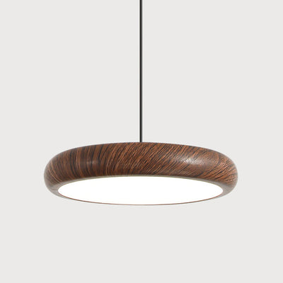 Contemporary Retro Iron PVC Round Wood Grain LED Pendant Light For Dining Room