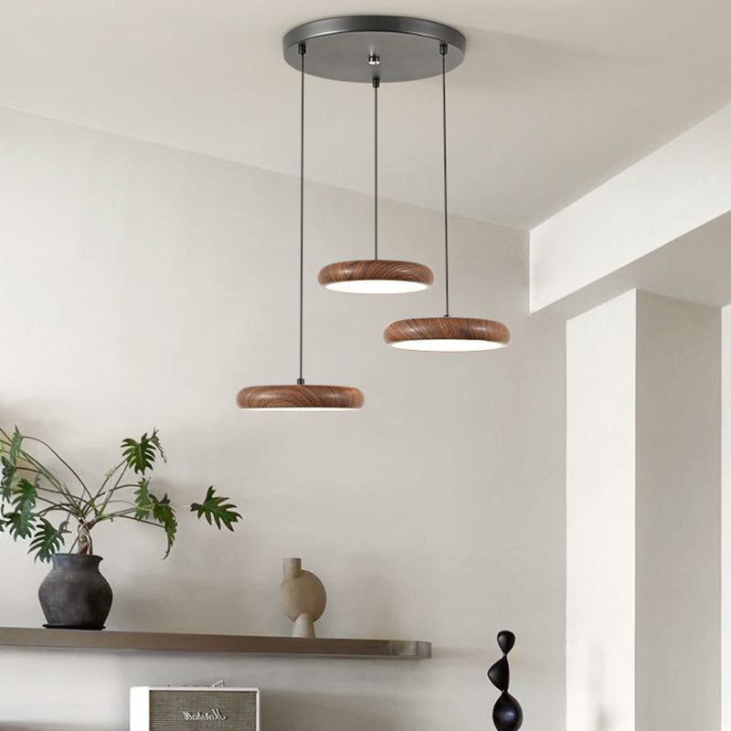 Contemporary Retro Iron PVC Round Wood Grain LED Pendant Light For Dining Room