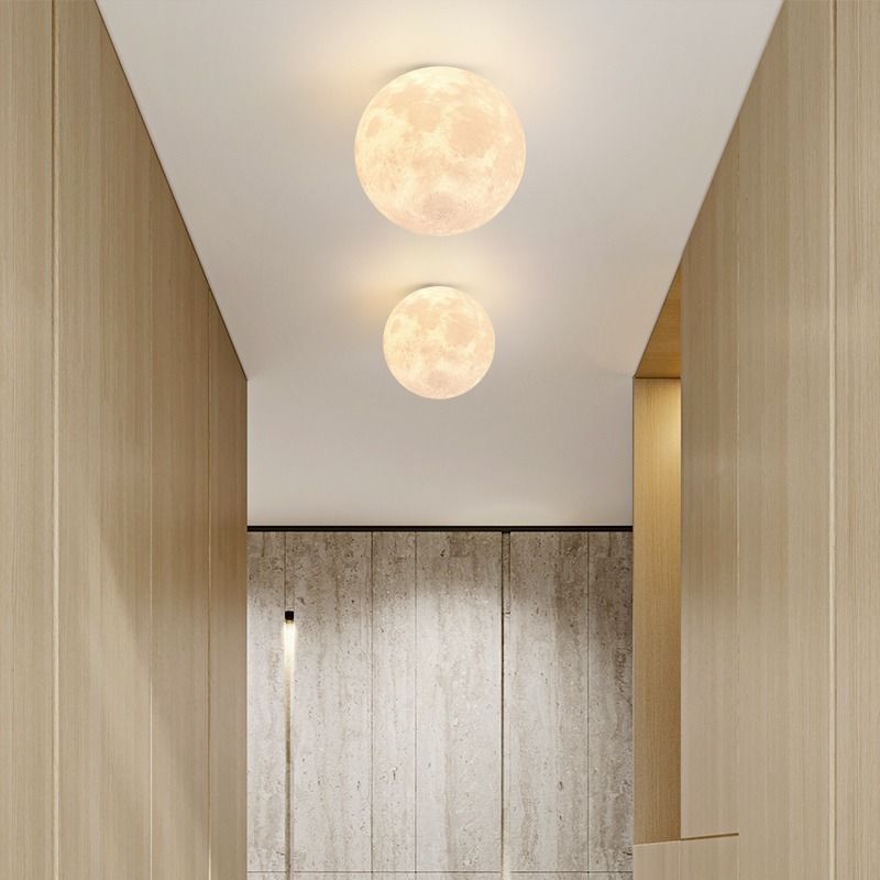 Contemporary Nordic Iron Resin Moon Ball 1-Light Semi-Flush Mount Ceiling Light For Hallway