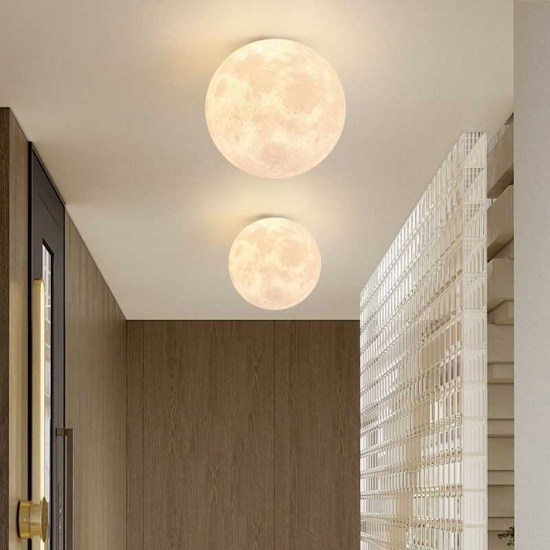 Contemporary Nordic Iron Resin Moon Ball 1-Light Semi-Flush Mount Ceiling Light For Hallway