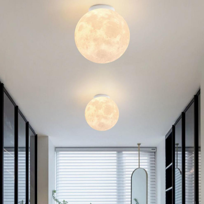 Contemporary Nordic Iron Resin Moon Ball 1-Light Semi-Flush Mount Ceiling Light For Hallway