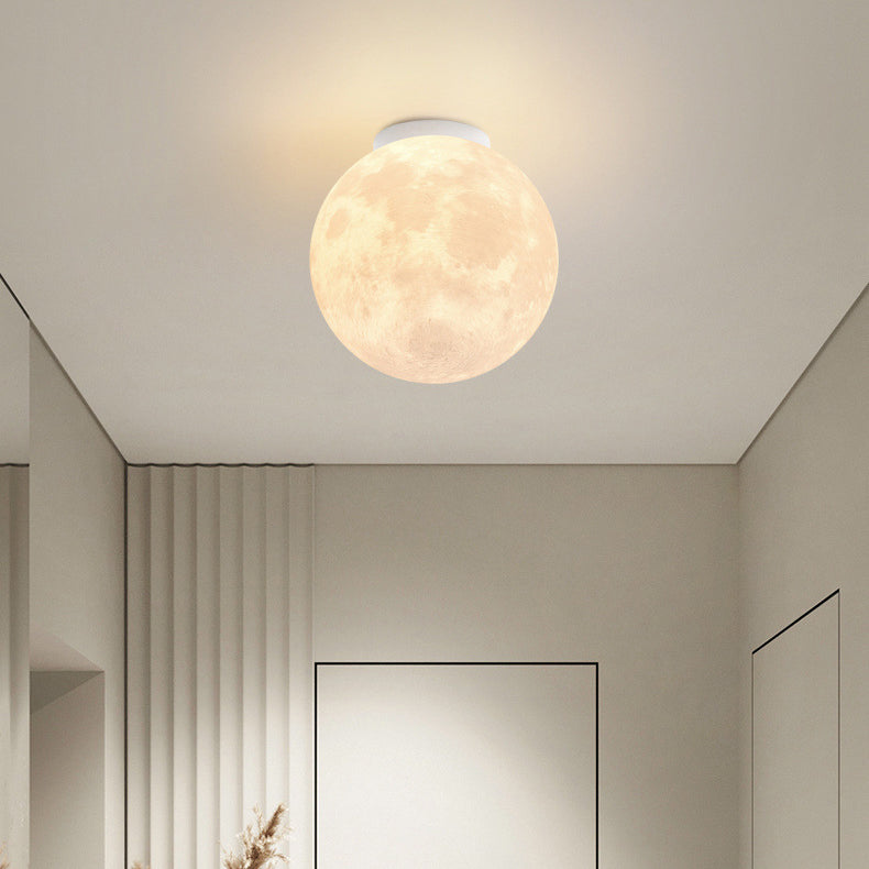 Contemporary Nordic Iron Resin Moon Ball 1-Light Semi-Flush Mount Ceiling Light For Hallway