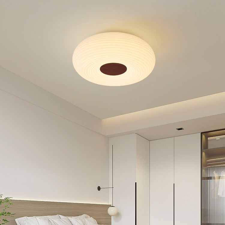 Contemporary Scandinavian Wood PE Round Striped LED Flush Mount Ceiling Light For Hallway