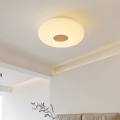 Contemporary Scandinavian Wood PE Round Striped LED Flush Mount Ceiling Light For Hallway