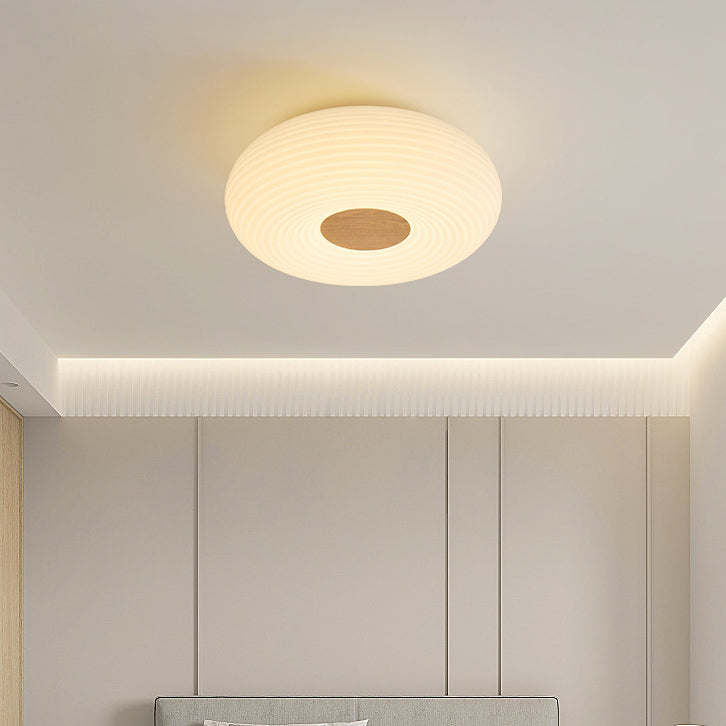 Contemporary Scandinavian Wood PE Round Striped LED Flush Mount Ceiling Light For Hallway