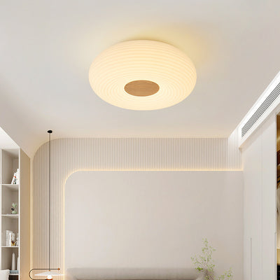 Contemporary Scandinavian Wood PE Round Striped LED Flush Mount Ceiling Light For Hallway