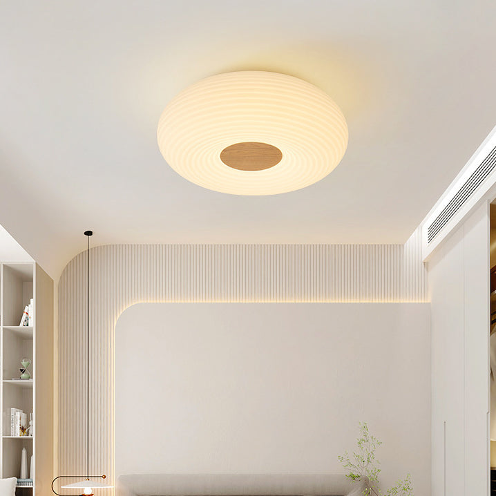 Contemporary Scandinavian Wood PE Round Striped LED Flush Mount Ceiling Light For Hallway