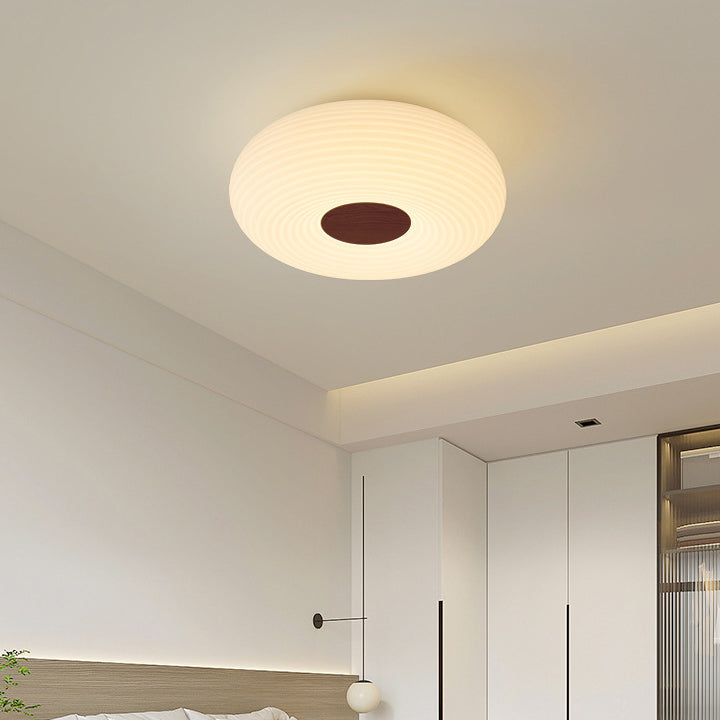 Contemporary Scandinavian Wood PE Round Striped LED Flush Mount Ceiling Light For Hallway