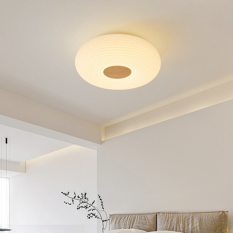 Contemporary Scandinavian Wood PE Round Striped LED Flush Mount Ceiling Light For Hallway