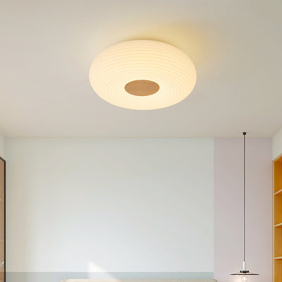 Contemporary Scandinavian Wood PE Round Striped LED Flush Mount Ceiling Light For Hallway