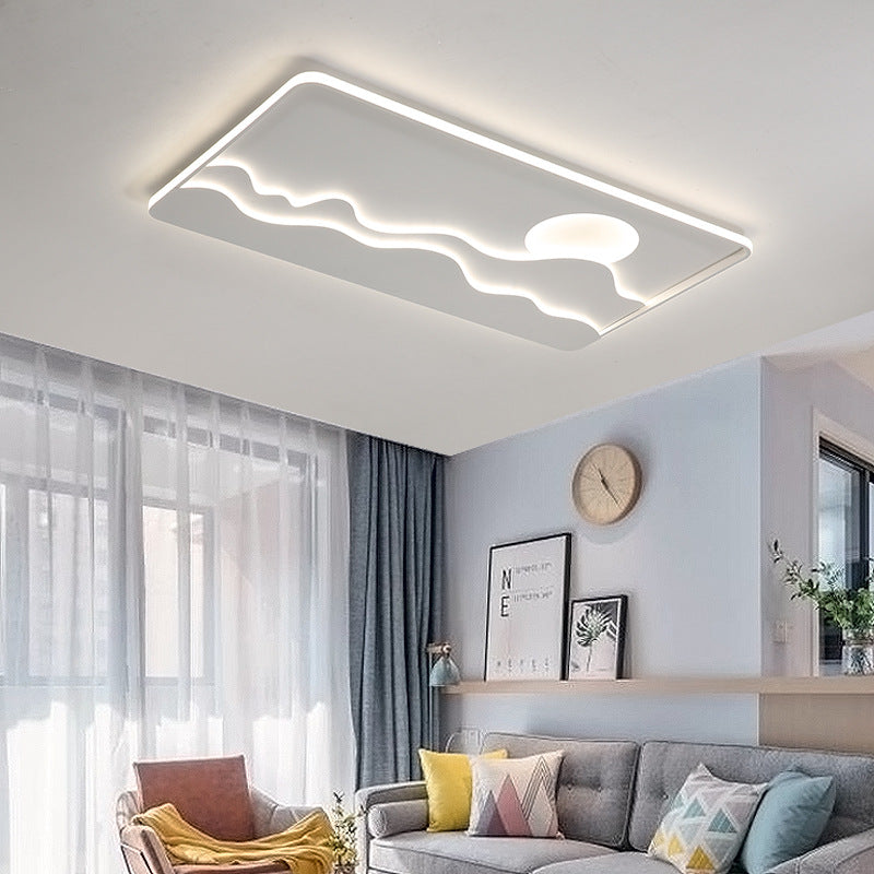 Contemporary Creative Iron Aluminum Silica Acrylic Sun Wavy Line Square Rectangular LED Flush Mount Ceiling Light For Living Room