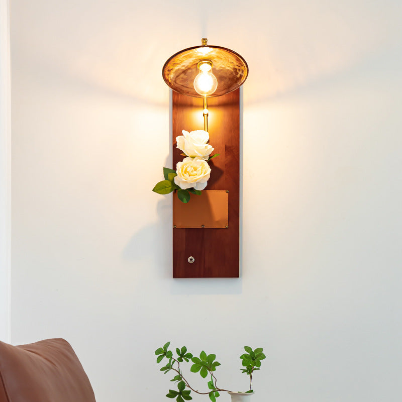 Contemporary Retro Brass Wood Leather Glass Round Ice Cube Bag 1-Light Wall Sconce Lamp For Hallway