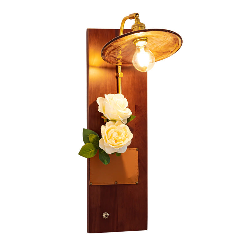 Contemporary Retro Brass Wood Leather Glass Round Ice Cube Bag 1-Light Wall Sconce Lamp For Hallway