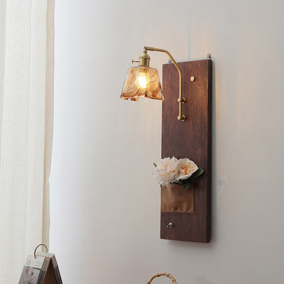 Contemporary Retro Brass Wood Leather Glass Round Ice Cube Bag 1-Light Wall Sconce Lamp For Hallway