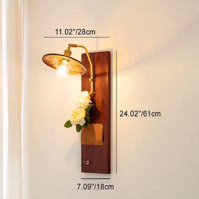 Contemporary Retro Brass Wood Leather Glass Round Ice Cube Bag 1-Light Wall Sconce Lamp For Hallway