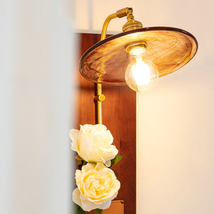 Contemporary Retro Brass Wood Leather Glass Round Ice Cube Bag 1-Light Wall Sconce Lamp For Hallway