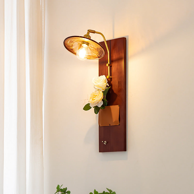 Contemporary Retro Brass Wood Leather Glass Round Ice Cube Bag 1-Light Wall Sconce Lamp For Hallway