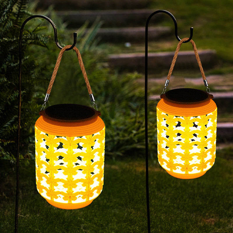 Traditional Chinese Solar Waterproof ABS Hemp Rope Cylinder Hollowed Lantern LED Outdoor Light Landscape Lighting For Garden