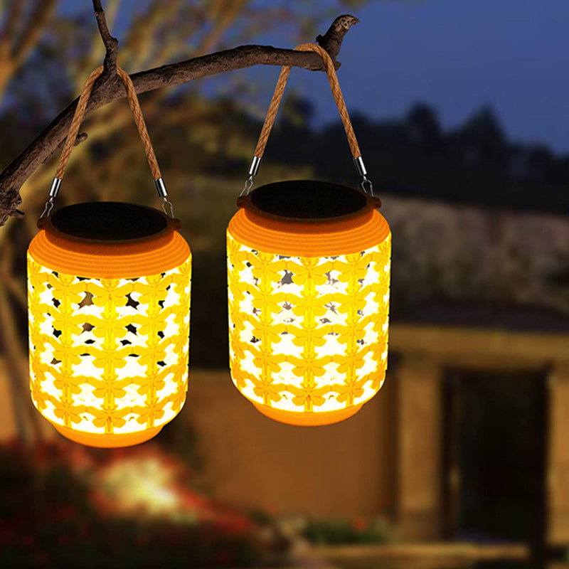 Traditional Chinese Solar Waterproof ABS Hemp Rope Cylinder Hollowed Lantern LED Outdoor Light Landscape Lighting For Garden